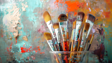 Paint brushes and palette with colorful paints on a grunge backgroundの素材