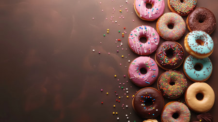 Delicious donuts with sprinkles on brown background, top viewの素材