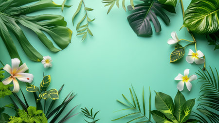 Tropical leaves and flowers on green background. Flat lay, top viewの素材