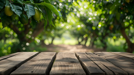 Wooden table in front of mango tree in the orchard.の素材