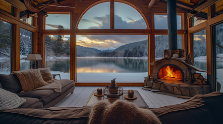 Beautiful view from the window to the lake and the mountains.の素材