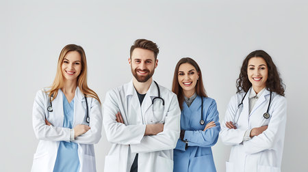group of smiling doctors with stethoscopes standing over white backgroundの素材