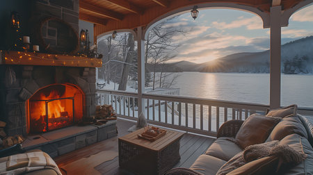 View from the veranda of the house on the lake in winter.の素材