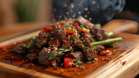 Beef stir fry with asparagus and vegetables on wooden plateの素材