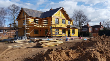Construction of a new wooden house on a construction siteの素材