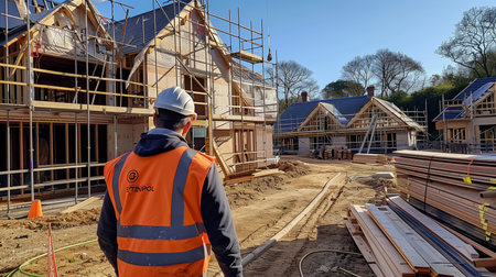 Construction worker at a building site. Construction of a new house.の素材