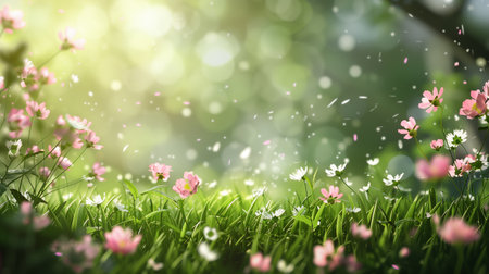 Beautiful spring meadow with flowers and bokeh background.の素材