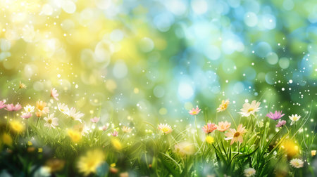 Spring background with green grass, flowers and bokeh lights.の素材