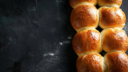 Sweet buns on a black background. Top view. Copyspace.の素材