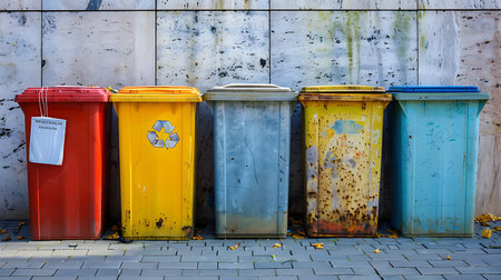 Recycling bins in front of the wall of the building.の素材