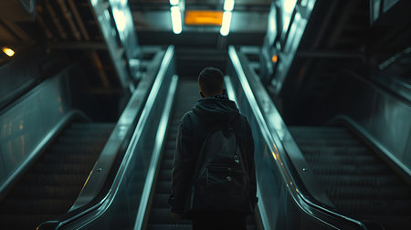 Young man on an escalator in a subway station. Back viewの素材
