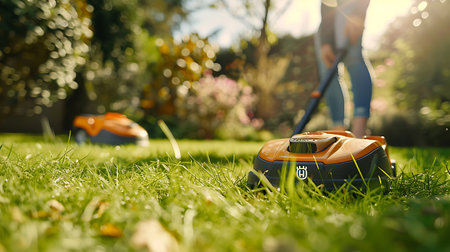 Gardener mowing grass in the garden. Gardening concept.の素材