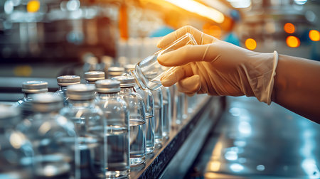 Laboratory glassware in the hands of a factory worker. Backgroundの素材