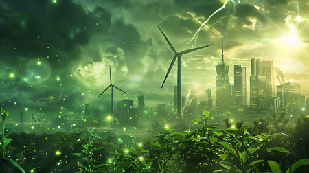 Green energy concept with wind turbines and cityscape. 3D renderingの素材