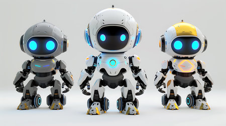 3D rendering of a group of robots on a white background.の素材