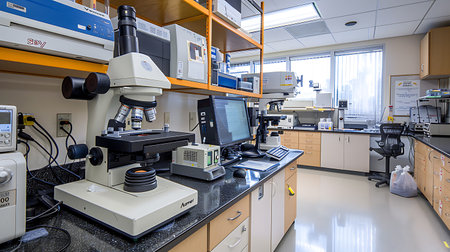 Modern laboratory with microscope and test tubes, science and technology concept.の素材