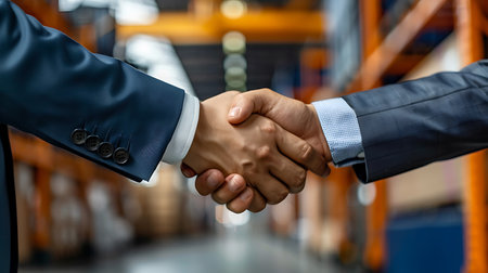 Close up of two businessman shaking hands in warehouse. This is a freight transportation and distribution warehouse. Industrial and industrial workers conceptの素材