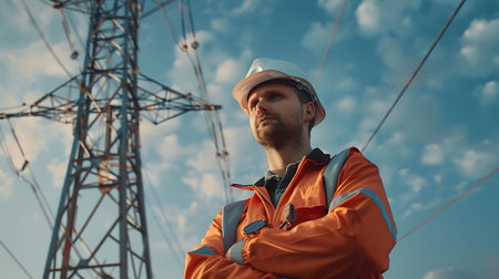 Portrait of a young engineer in a white helmet on a background of high-voltage lines.の素材