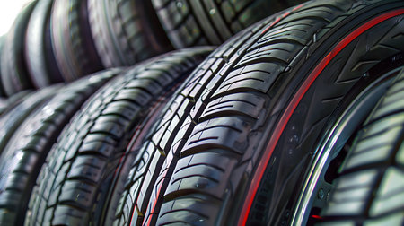 New car tires in a car shop. Selective focus. Shallow depth of field.の素材