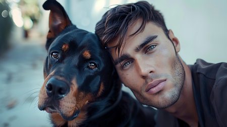 Portrait of a handsome young man with his dog on the streetの素材