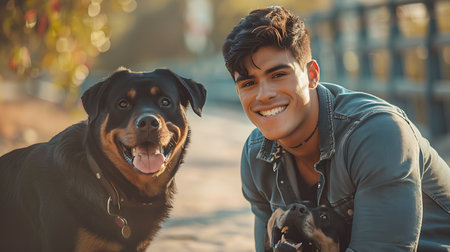 Portrait of a handsome young man with his dog in the park.の素材