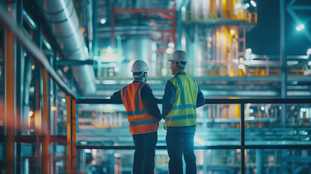 Back view of engineer and foreman in hardhats working together in industrial plant.の素材