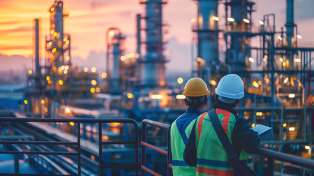 Engineer or Technician working in oil and gas refinery plant at twilight time.の素材