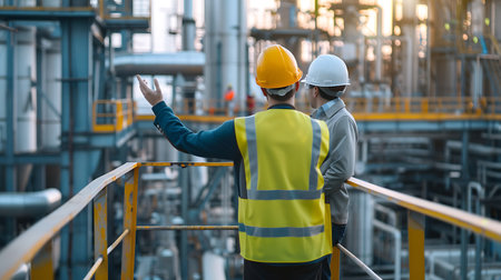 Engineer or Technician man with safety helmet and safety vest working in oil refinery plant.の素材