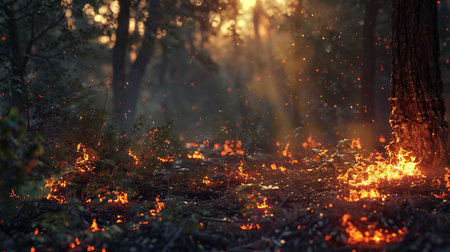 Forest fire. Burning dry grass and trees in the forest at sunset.の素材