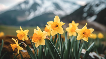 Yellow daffodils in springtime with snow capped mountains in the backgroundの素材
