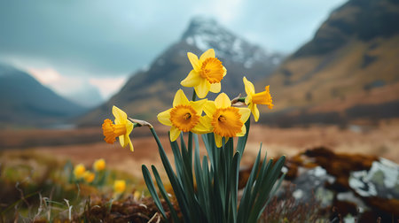 Yellow daffodils in front of a mountain range in Scotlandの素材