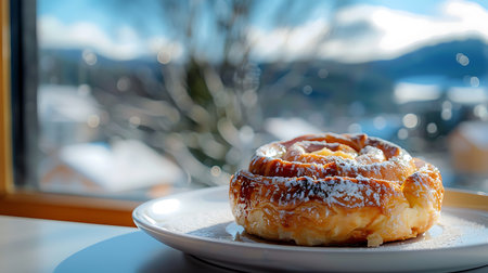 Cinnamon rolls on a plate with a view of the mountains in the backgroundの素材