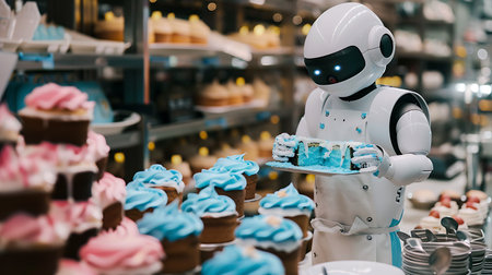 Robot with cake on table in bakery shop, artificial intelligence conceptの素材