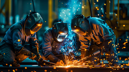 Team of welder at work in a car factory. They are wearing protective clothing.の素材