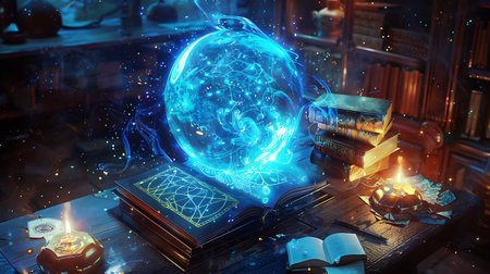 Magical book with magic crystal ball. Fantasy and witchcraft concept. 3D Renderingの素材