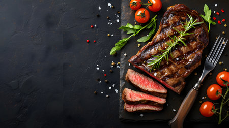 Grilled beef steak with rosemary and tomatoes on a black background. Top view, copy space.の素材
