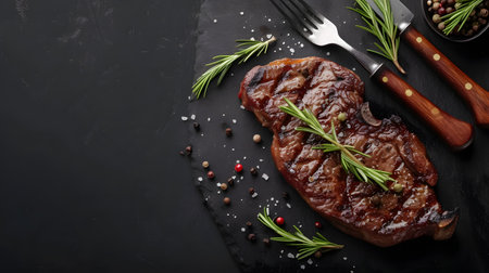 Grilled beef steak with rosemary and spices on a black backgroundの素材