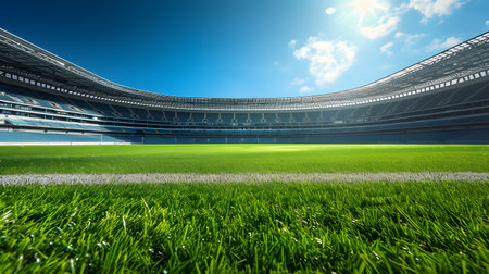 3d render of a modern football stadium with green grass and bright sunshineの素材