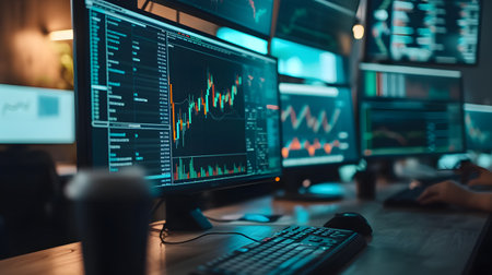 Close up of computer monitor with stock market data on screen. Stock market conceptの素材