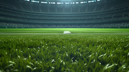 3D render of a soccer stadium with green grass and spotlightsの素材