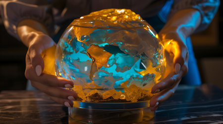 Close-up of woman's hands holding glass globe with planet earth inside.の素材