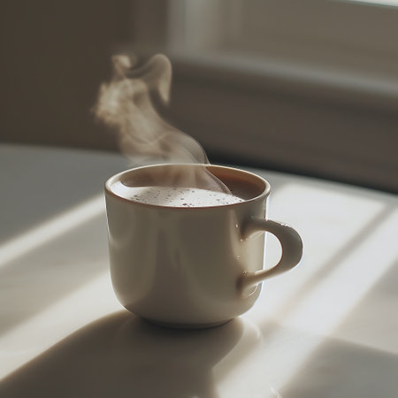Cup of coffee on the windowsill in the morning light.の素材