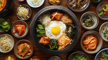 Bowls of delicious Korean food on wooden table, top viewの素材