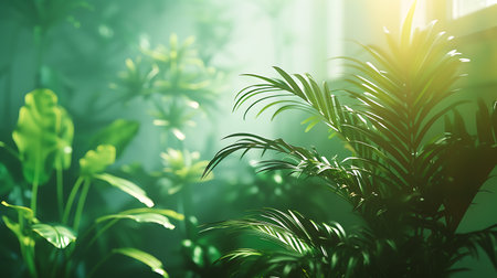 Beautiful green plant in the room with sunlight. Houseplant backgroundの素材