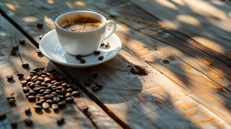 Coffee cup and coffee beans on wooden table, stock photoの素材