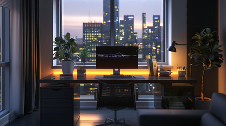 3D rendering of a modern office interior with a night city viewの素材