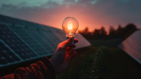 Hand holding a light bulb with a solar panel in the background.の素材