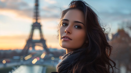 Beautiful young woman with Eiffel tower in Paris, Franceの素材