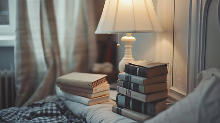 Stack of books and lamp on bedside table in bedroom at homeの素材