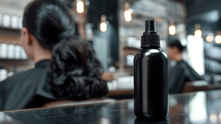 Black bottle of cosmetic product on bar counter. Blurred background.の素材